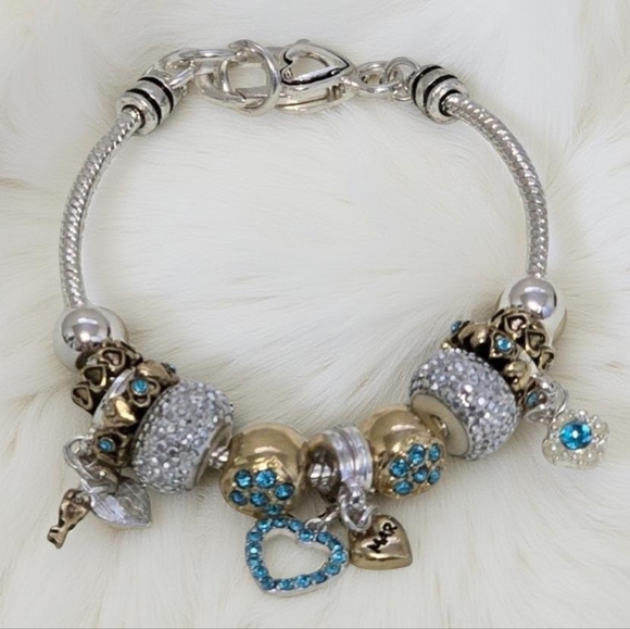 Landau | Charm Bracelet - March Birthstone Silver and Gold-Toned Blue Crystal - Picture 1 of 9